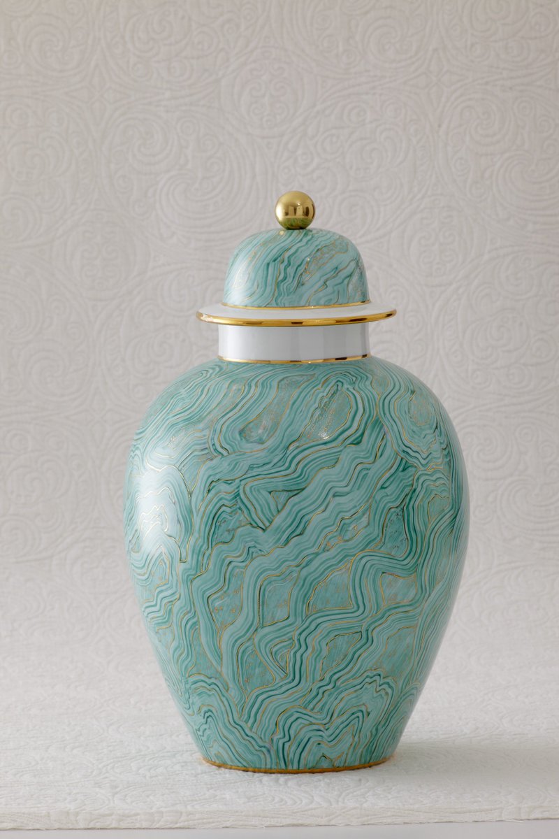 Aqua-colored marbleized finish shines on this urn @ChelseaHouse_ in April redesign issue of <a href="/traditionalhome/">Traditional Home</a>.