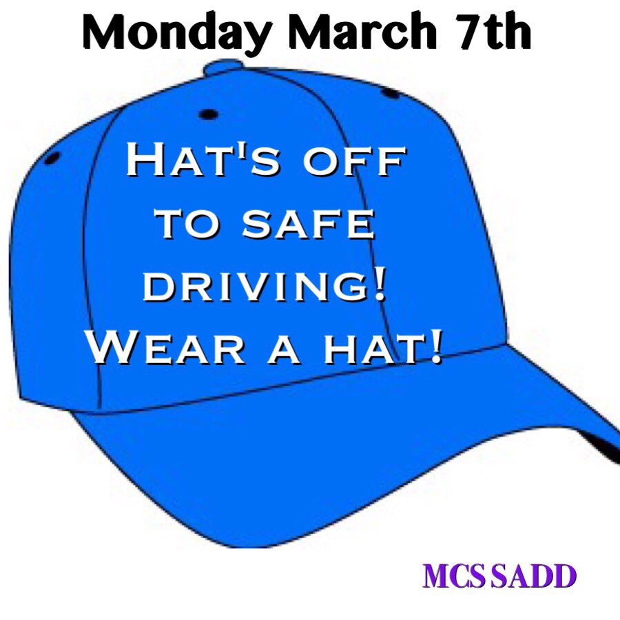 MCS_SADD's tweet photo. Tomorrow is the first day of our SADD spirit week! Support SADD and wear a hat! #mcssadd#spiritweek#hatday https://t.co/mEqEkeIgqM