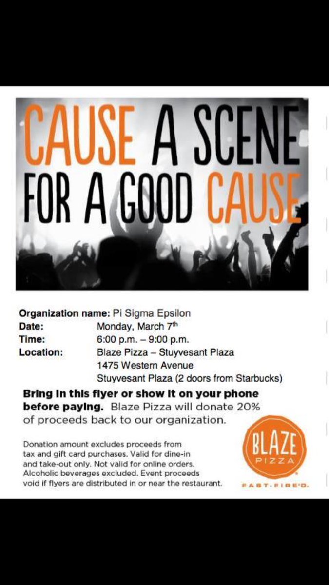 UAlbanyPSE's tweet photo. Come out to BLAZE in Stuyvesant plaza  and help out the brothers of Pi Sigma Epsilon tomorrow!!!!! https://t.co/gux7o4DiJc