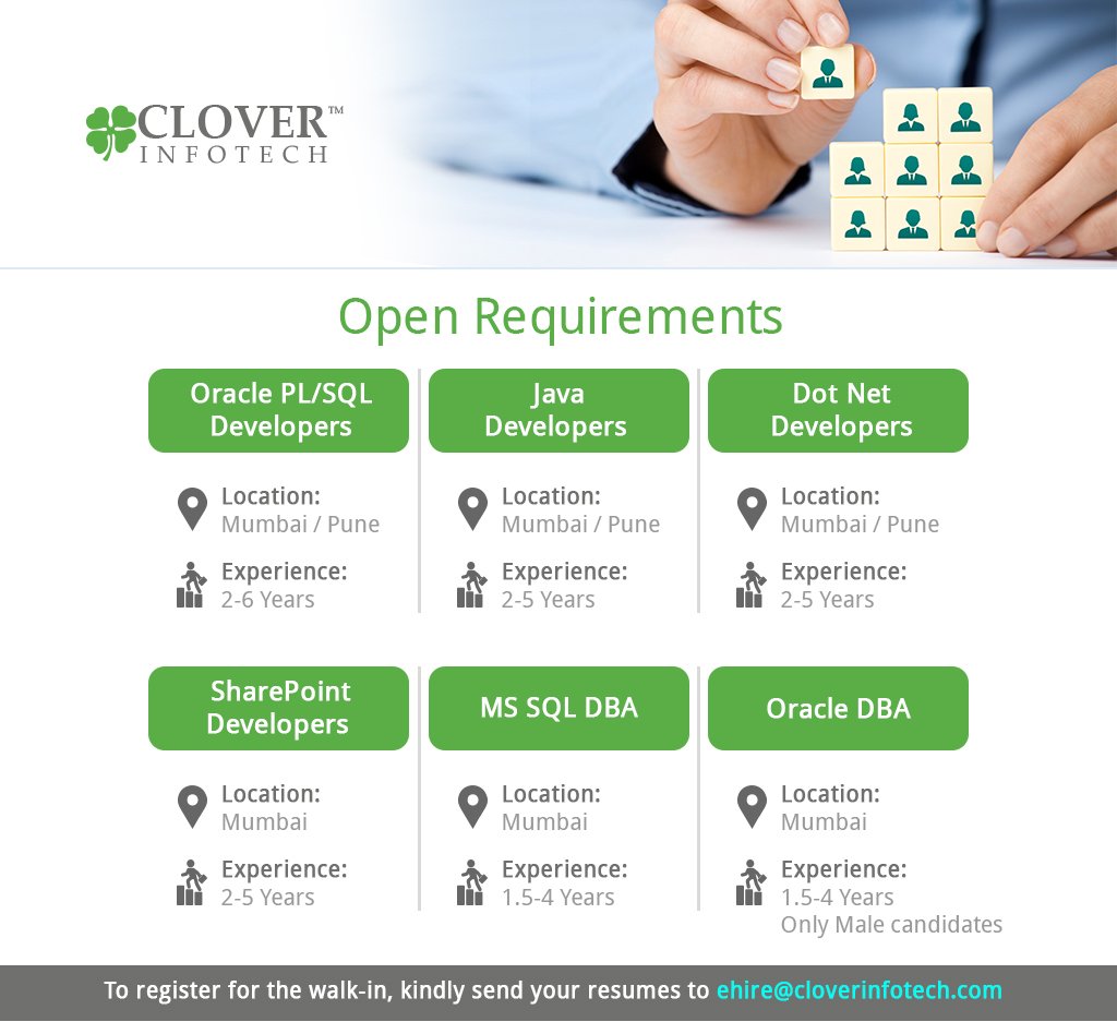 _CloverInfotech's tweet image. Hiring Developers(#OraclePLSQL,#Java,#DotNet,Sharepoint),MSSQL DBA, #OracleDBA.Mail your CV-ehire@cloverinfotech.com
