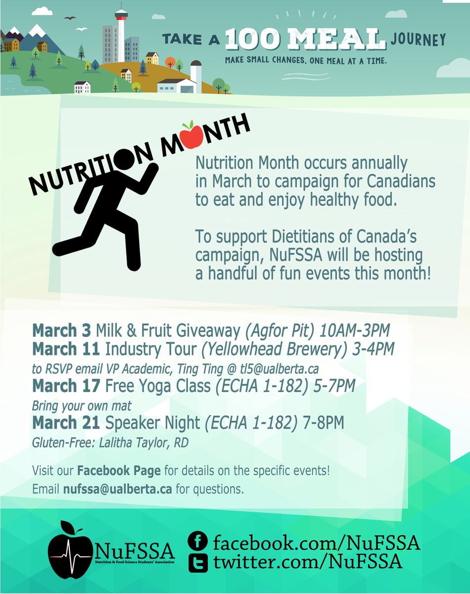 NuFSSA's tweet photo. #NutritionMonth is here, and NuFSSA has some events planned! All U of A students welcomed! @UofAALES @DeanALES_UofA https://t.co/yRUqEPYOhA