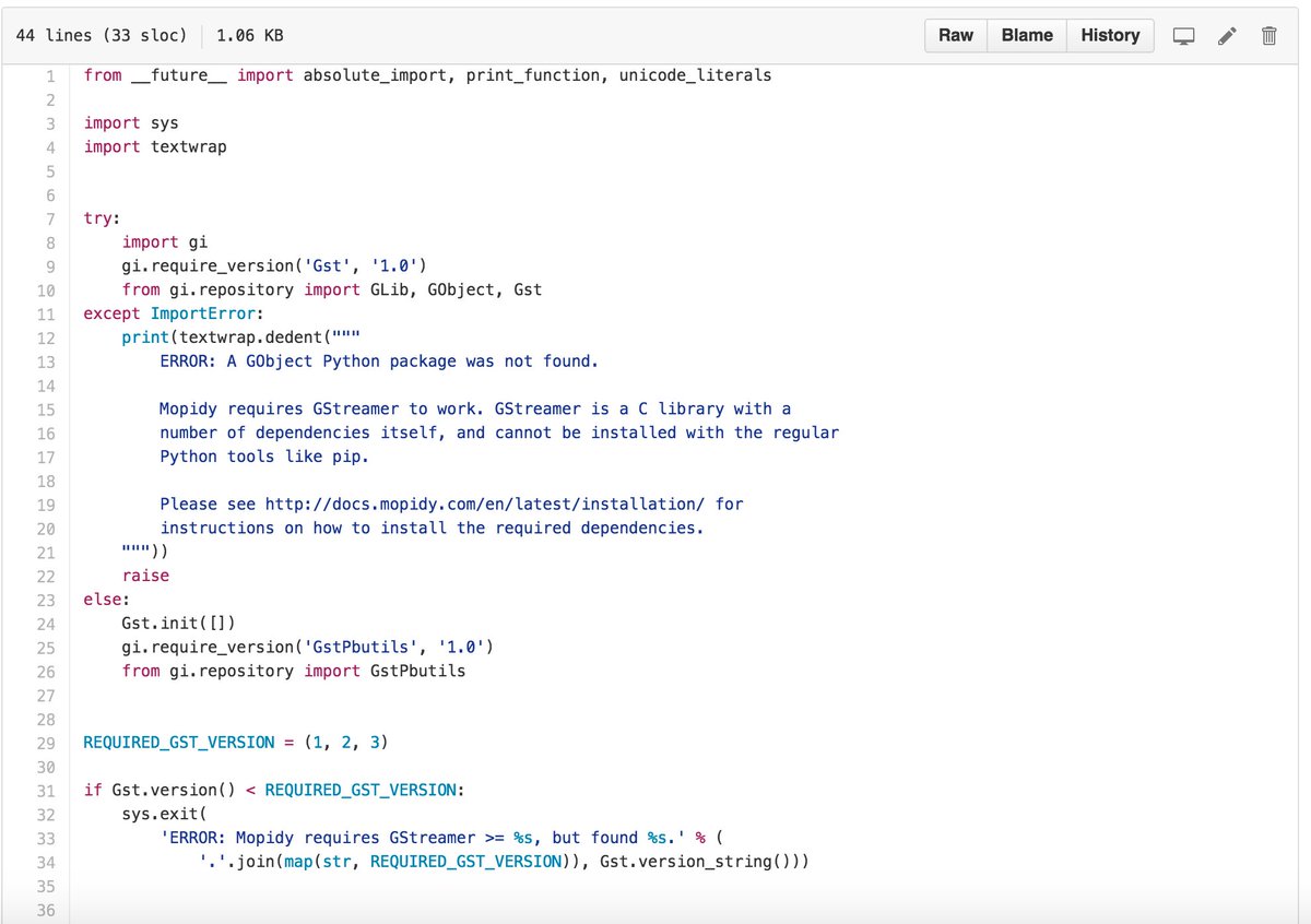 scarlettapp's tweet image. Good example from #mopidy of how to import #PyGObject #PyGst deps w/ internal module github.com/mopidy/mopidy/…