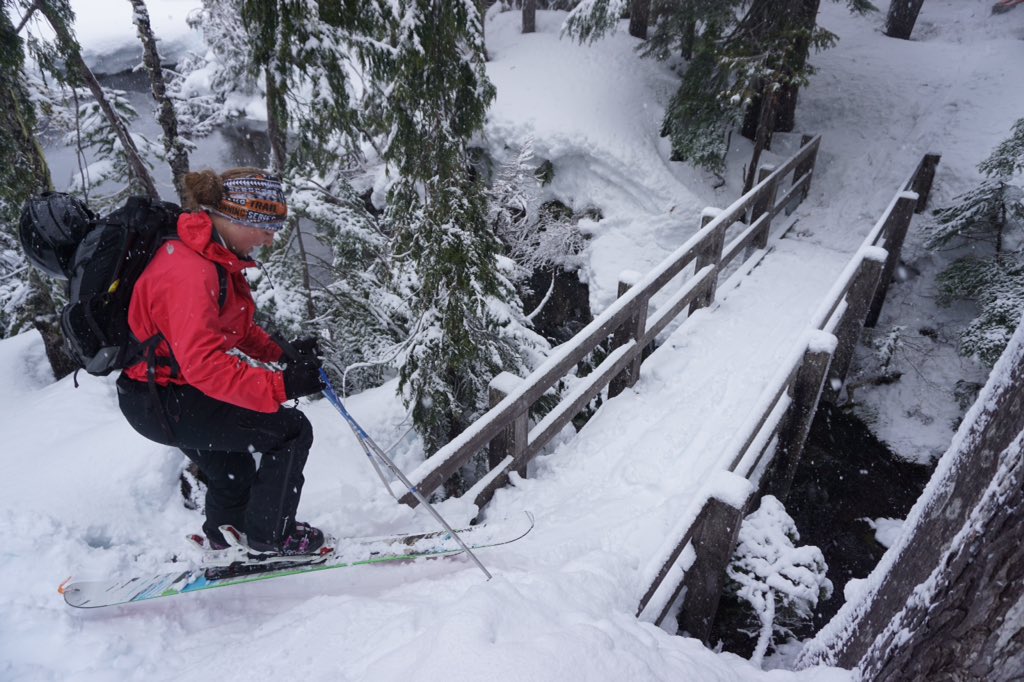 My sister getting stoked to send the line across the bridge to Mt Brooks #explorebc #skiing #exploremore