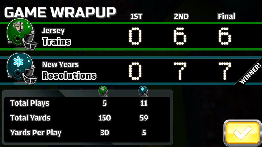 The Trains just lost to the Resolutions, 6 - 7. #football #fbhpro2016
appstore.com/footballheroes…