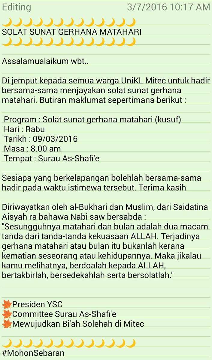 YSC_UniKLMITEC's tweet image. 📌📌Solat Sunat Gerhana Matahari📌📌
📆Hari:Rabu
📅09/03/2016
🕗Masa:8.00am
🏡Tempat:Surau as-Shafie

#SolatGerhana
#Mitec