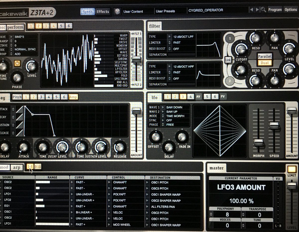 BeatsofRed's tweet photo. Cakewalk Z3TA+2 Seesaw morphed LFO. Sawtooth Down & Up to create a diamond shape. #roland #cakewalk #z3ta #ableton https://t.co/NQIwJVggwd