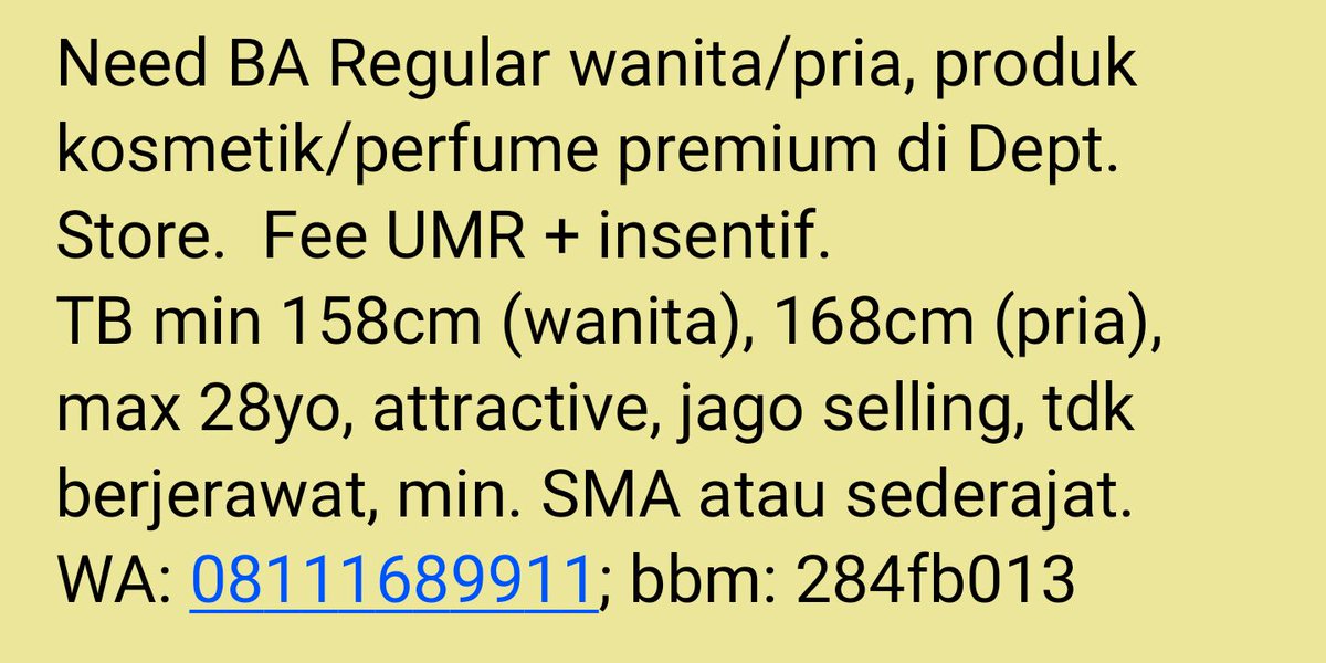 Need Beauty Advisor Regular.  Tolong bantu RT yah <a href="/pakarSPG/">Pakar SPG</a>