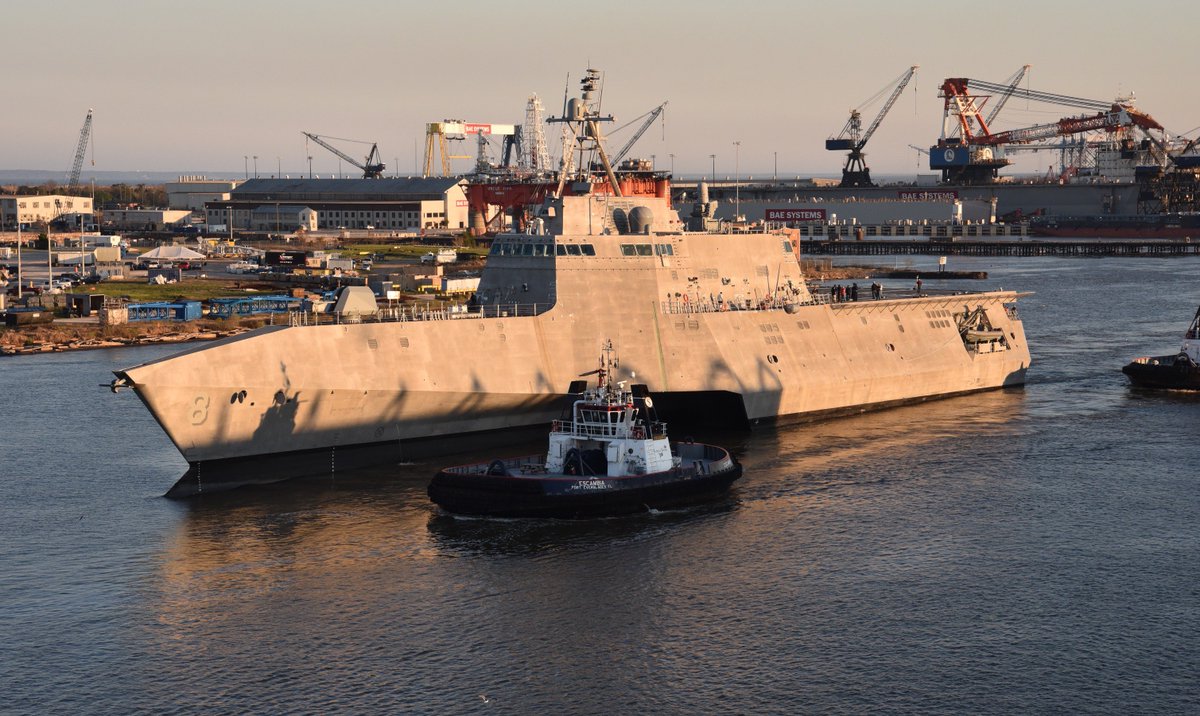 CavasShips's tweet photo. #Austal USA on Saturday: #MONTGOMERY (#LCS 8) returning from sea trials with CARSON CITY (EPF/#JHSV 7) fitting out https://t.co/XzBglFySMt