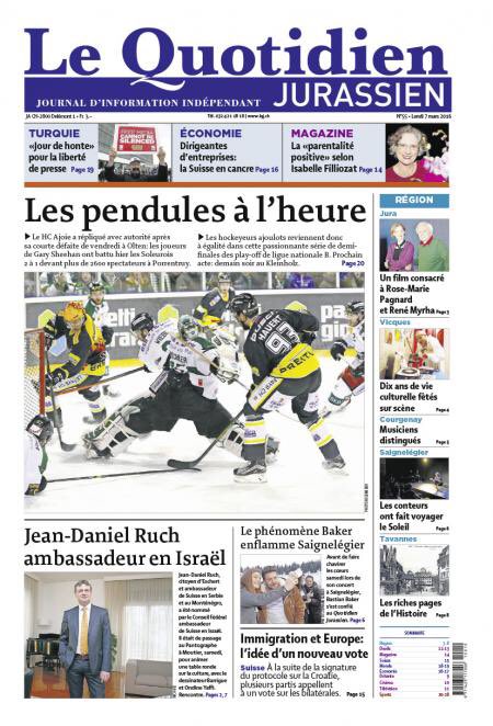 rklqj's tweet photo. La une du Quotidien jurassien ce lundi 7 mars après la victoire 2-1 du @HC_Ajoie_off face à #Olten.#hcajoie #LQJ https://t.co/UVPSCluDAQ