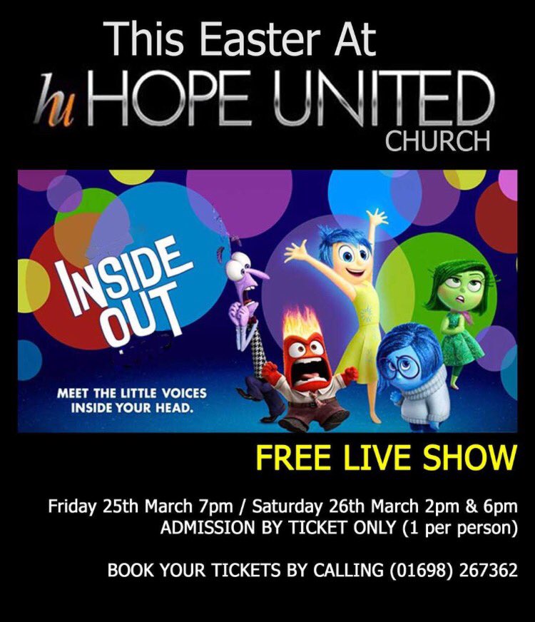 HopeUnitedUk's tweet photo. INSIDE OUT FREE LIVE SHOW 
Line open today 10am
(01698)267362
#insideout #easter #show https://t.co/efTOGyP7KV