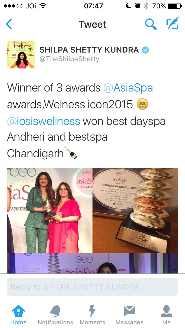 ThisIsSunrise's tweet photo. Congrats @TheShilpaShetty on your #SpaSuccess. Don't we just LOVE a bit of #MeTime? #Spa #Treatments @soniadutta1902 https://t.co/JA3IgDBMF7