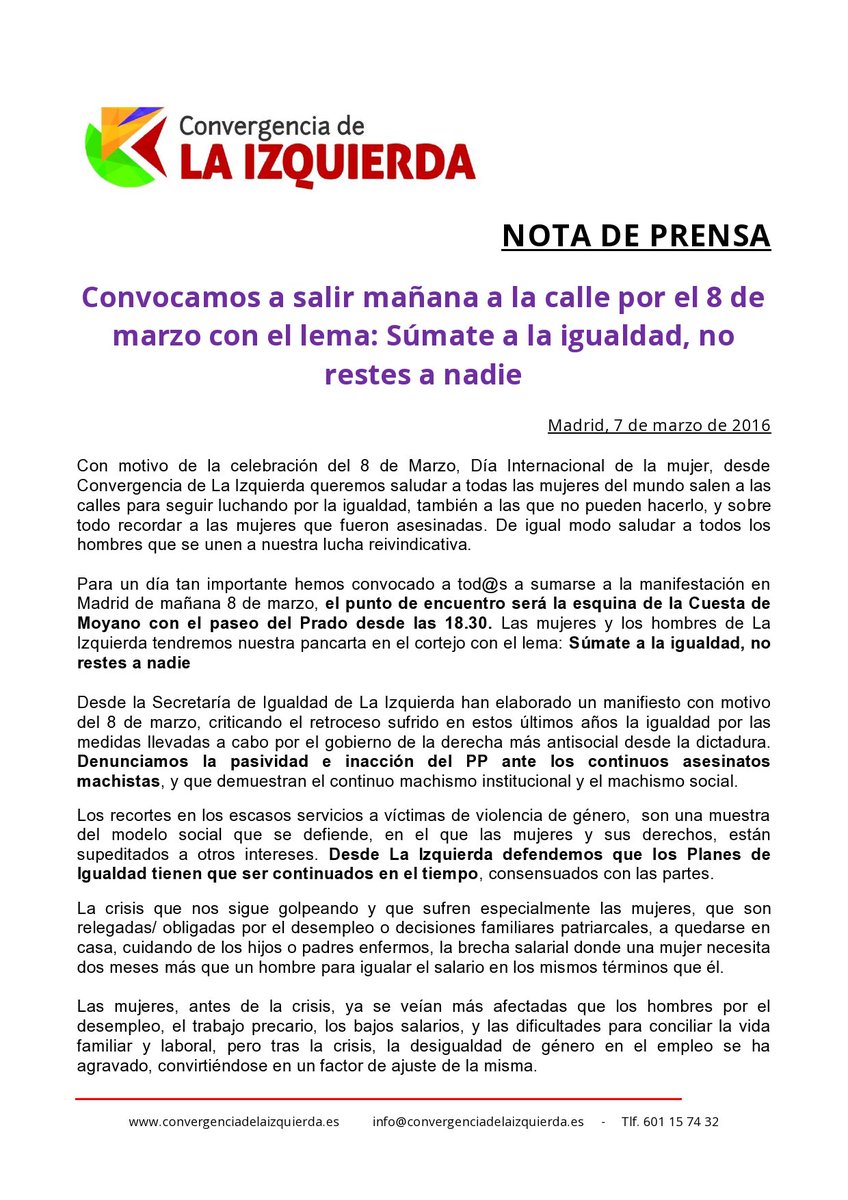 La_izq's tweet photo. #LaIzquierda llama a la movilización por #8deMarzo:
Súmate a la igualdad, no restes a nadie
https://t.co/L9UXCY5zcE https://t.co/sdZxjO1rxW