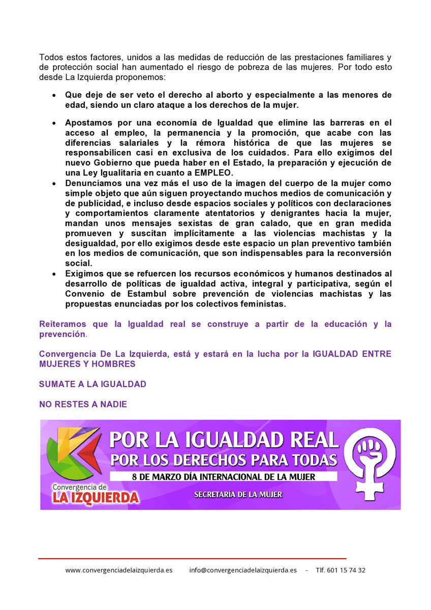 #LaIzquierda llama a la movilización por #8deMarzo:
Súmate a la igualdad, no restes a nadie
convergenciadelaizquierda.es/2016/03/manifi…