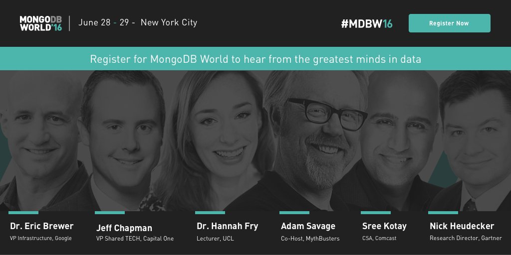 MongoDB's tweet photo. We’re excited to share our keynote lineup for #MDBW16! Register today: https://t.co/CIYHIPO1z9 https://t.co/gnjY8dfC3m