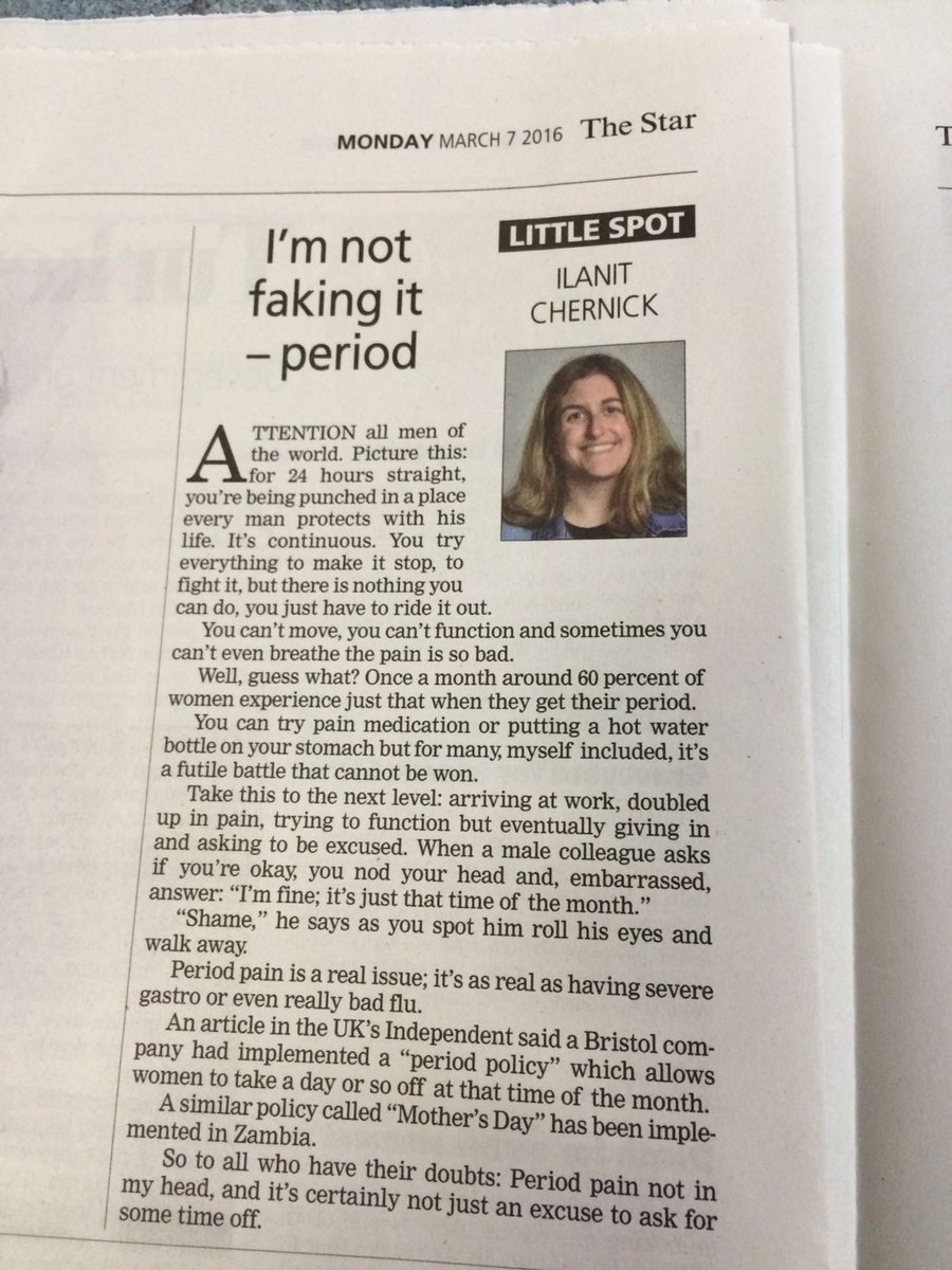 LanC_02's tweet photo. Today's #LittleSpot in @TheStar_news: I'm not faking it - period. Men, this ones for you! #periodpolicy #WomensDay https://t.co/GHsdF7ClQM