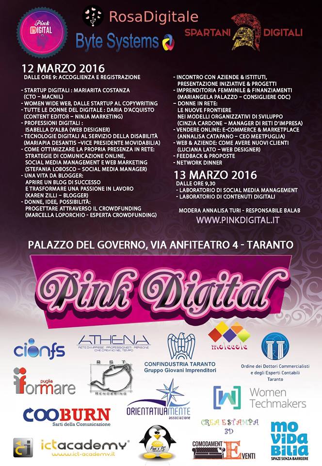 stefanialobosco's tweet photo. @BePinkBeDigital #Taranto il 12 e 13 marzo. Dedicato a #donne e digitale. Non mancare https://t.co/J5D574UfIf https://t.co/zgKDaFcpkS