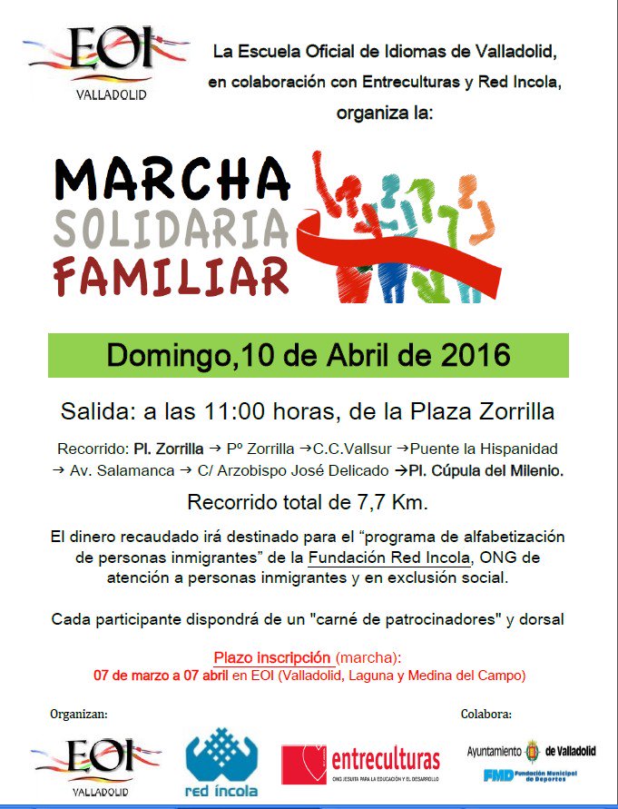 EoiValladolid's tweet photo. Marcha a favor de @EntreculturasVa @redincola
Inscripciones conserjería #EOIVA o en las secciones (aula)
¡Participa! https://t.co/uQ6QOu0HKZ