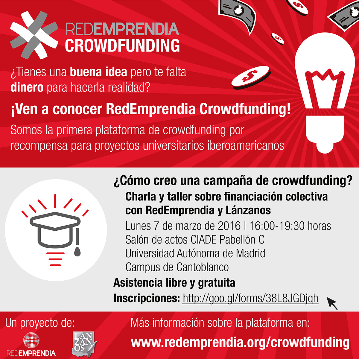 Lanzanos's tweet photo. ¡La cita es hoy y aún estás a tiempo! Taller para crear tu #crowdfunding orientado a universitarios @redemprendia https://t.co/ghgEG1SH2W