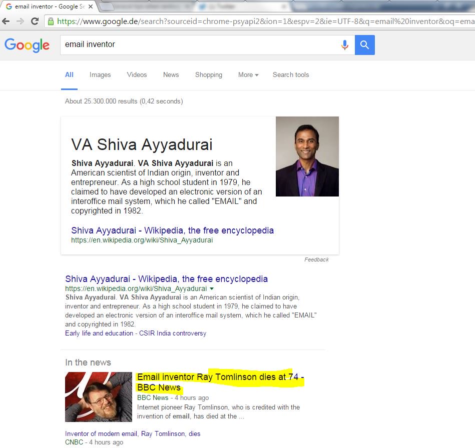 pristinaoffl's tweet photo. @google recognises @va_shiva as Email Inventor but @BBCWorld doesn't. What a strange world! https://t.co/JpILUMvn3n