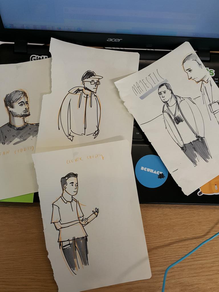 olivla94's tweet photo. @CodioHQ @clevercherry @UrbnHax @tryMajestic look @imgart drawings of you at the opening talks at #BCUHack last week https://t.co/QcOp4RBMc5