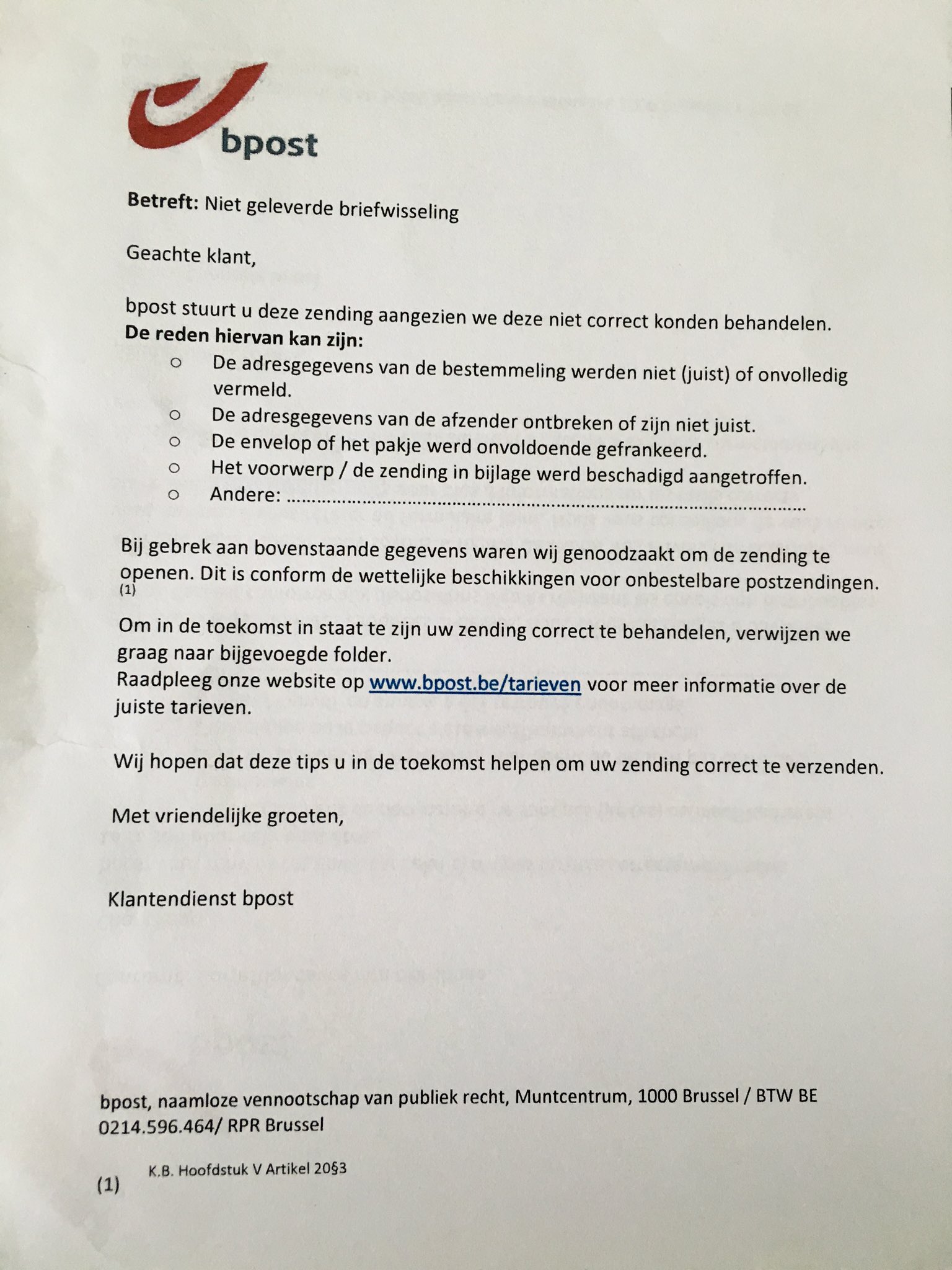 Dapper vreemd Naar de waarheid Hans De Beuckelaer on Twitter: "@bpost_nl aangetekende zending terug  (geopend) ontvangen om zeer bizarre reden. Track&amp;trace verteld me iets  anders. https://t.co/a9yrvvvAEU" / Twitter