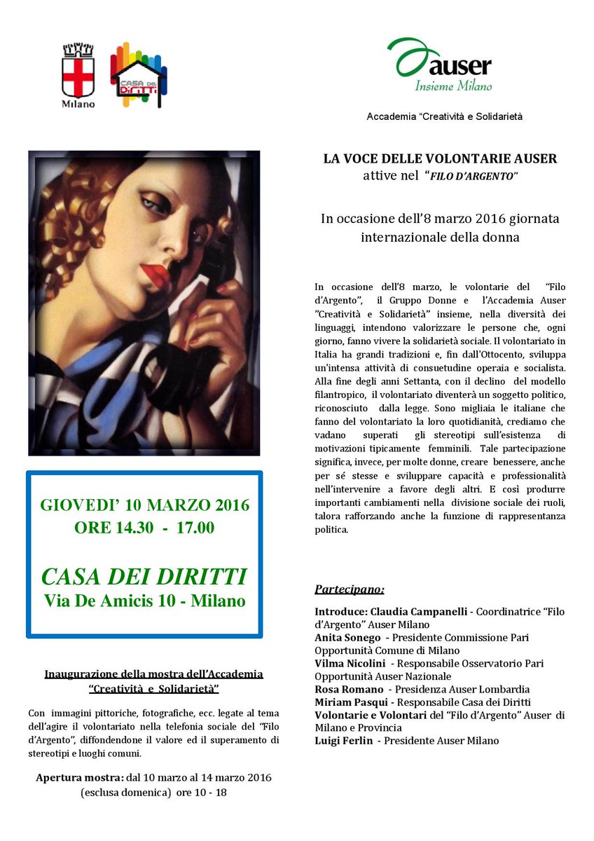 AuserMi's tweet photo. La Voce delle Volontarie del "Filo d'Argento":10/03-14.30, Via De Amicis,10 #Milano #mostra #convegno #Auser https://t.co/qex85PbIWu
