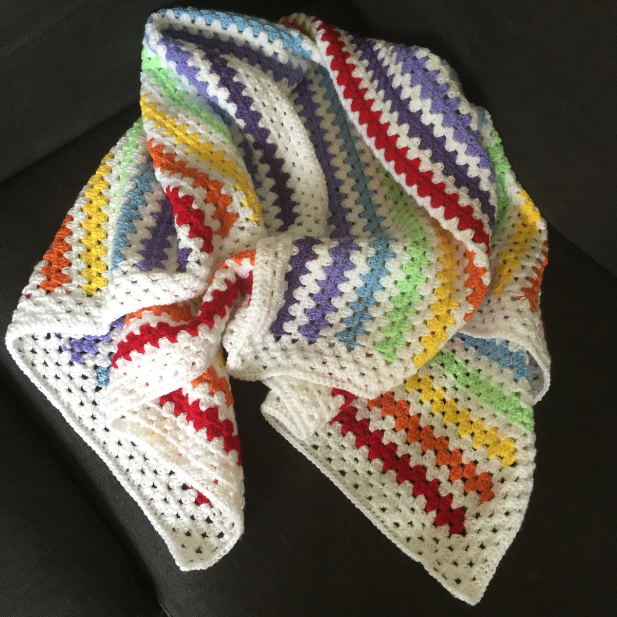 TheBooteeRoom's tweet photo. Finished this rainbow granny stripe blanket recently #loveblankets #loverainbows #stylecraftdk https://t.co/inDIiz9ifr