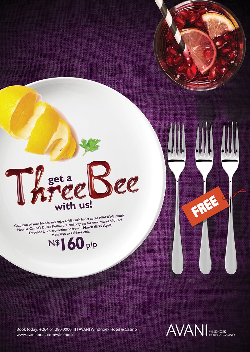 AvaniWindhoek's tweet photo. Have lunch at our Dunes Restaurant from Mon - Fri and THREE of you can eat but only TWO of you pay! #Threebee https://t.co/cpqkzIuiJl