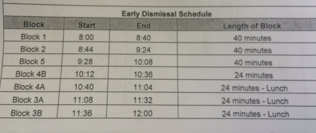 bohndrake's tweet photo. Today: half day for students, here is your schedule #MorrisTech https://t.co/3fXCdayWZs
