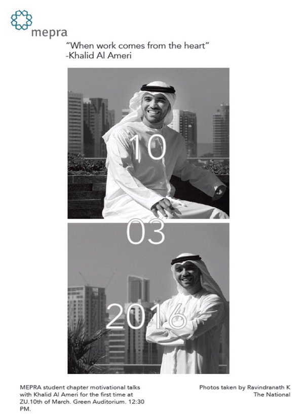 MEPRA_ZU's tweet photo. MEPRA Student Chapter is Having Khalid Al Ameri guest speaker on Thursday 10th in the Green Auditorium at 12:30. https://t.co/PNjCZ7iJNK