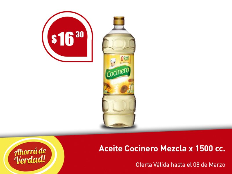 supercomodin's tweet photo. Oferta! Aceite Cocinero Mezcla x 1500 cc. a $16,30.
#MegaAhorro #SupermercadosComodin https://t.co/T6YNhuGqD5