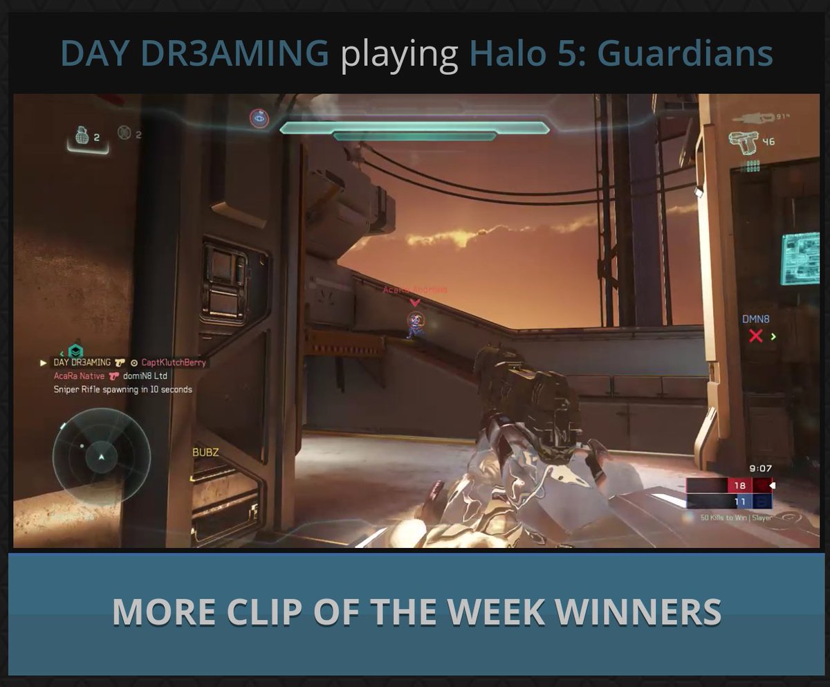 DigginClips's tweet photo. Last week's votes are in! Our #ClipOfTheWeek goes to DAY DR3AMING and his Overkill playing #Halo5. Nice work! https://t.co/5hGywelb6Z