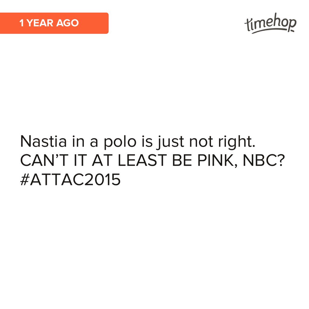 jovialjacki's tweet photo. Well, at least it was pink this year, @NastiaLiukin. π¬ #ATTAC2016 @NBCOlympics https://t.co/2PCY8rVyLe