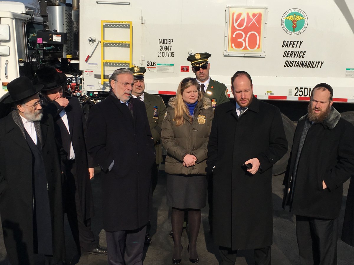 NYCSanitation's tweet image. DSNY Comm. Garcia, AM Hikind (L) &amp;amp; CM Greenfield (R), announce truck shift changes in Boro Park to ease traffic.