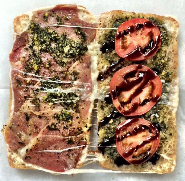#3 Chuck Berry Melt
Prosciutto de Parma. Mozzarella. Pistachio Pesto. Tomatoes. Balsamic Glacé. Rosemary Ciabatta.