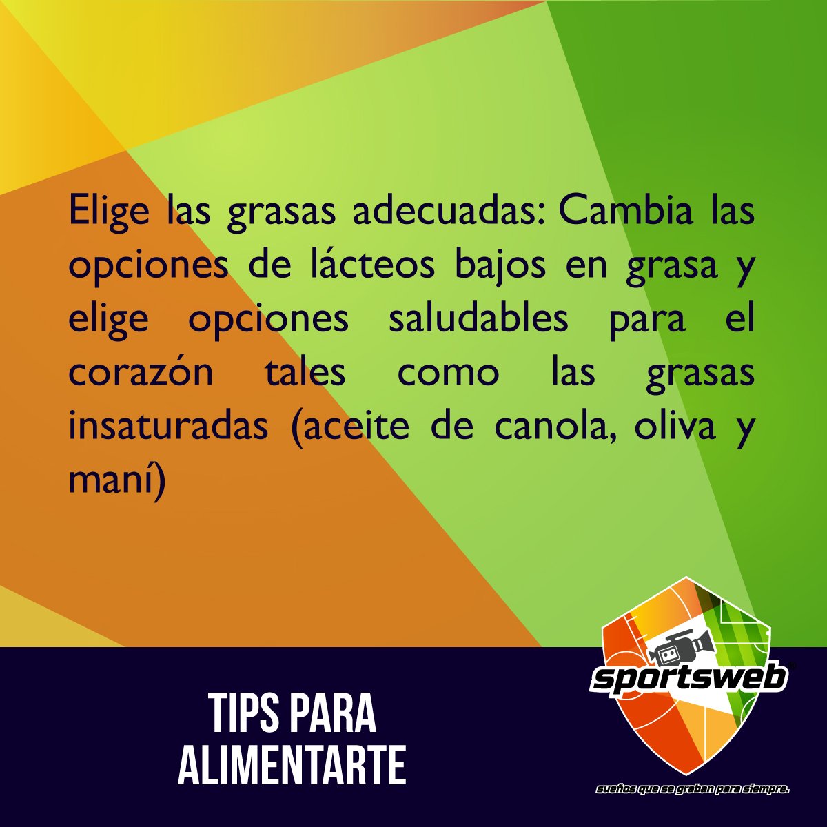 SportsWebMx's tweet photo. Elige las grasas adecuadas en tu dieta alimenticia. #Alimentarte #SportsWeb https://t.co/Y2WovxYegx