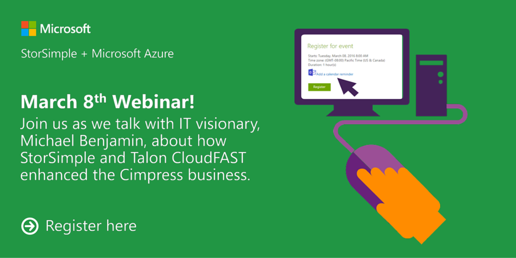 StorSimple's tweet photo. Register for our webinar tomorrow to learn how StorSimple can benefit your business: https://t.co/pad25Sg9bf https://t.co/qJlXnodgh9