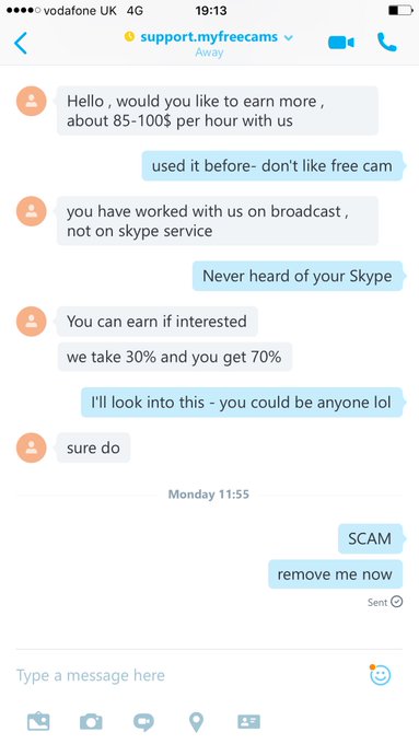 Ladies beware - idiots pretending to be @MyFreeCams on Skype !! https://t.co/6NQRLdUhaZ