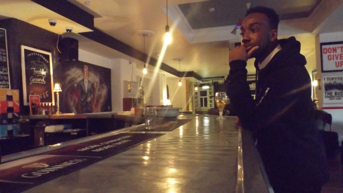 TheRegulars5's tweet photo. A long day of rehearsing has sent Andre straight to the bar! @DMUPerfArts #YourRoundMate https://t.co/f6oBzXDu0p