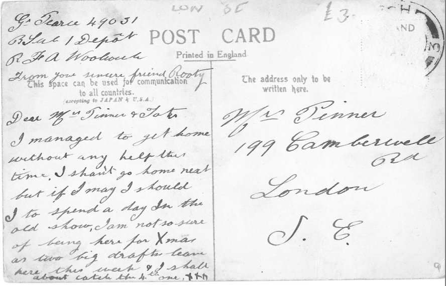 StGeorgesSE18's tweet image. WWI postcard from Gunner Pearce to Mrs. Pinner 199 Camberwell Rd.  Can you add to his story? #WWI