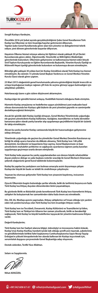 Türk Kızılayı 2016 Olağan Genel Kurulu Genel Başkan adaylığım ile alakalı açıklama metni