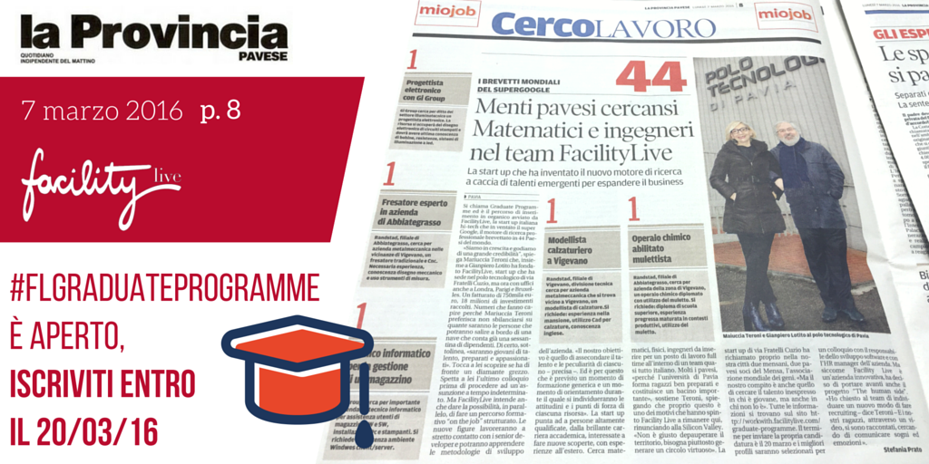 FacilityLive's tweet photo. Oggi 7/03 @MariucciaTeroni su @provinciapavese p.8 "#FLGraduateProgramme: iscrizioni aperte https://t.co/WqoLXdfJff" https://t.co/uZJyNRjLwZ