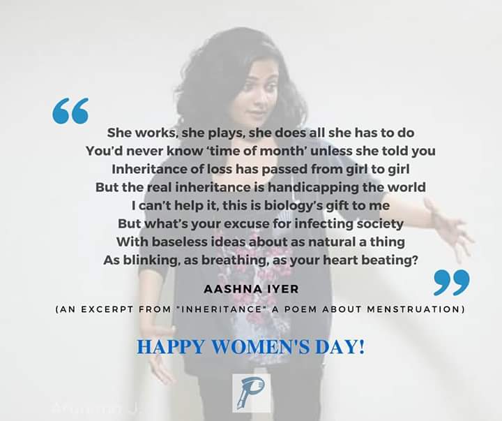 PunePoetrySlam's tweet photo. Happy Women's Day! Here's our @nomadicmidget's excerpt from INHERITANCE, a poem on menstruation. #empowerment #woman https://t.co/MYRobXCidh