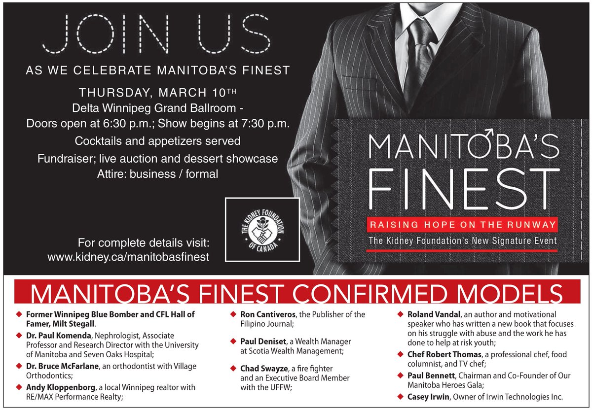 RonCantiveros's tweet photo. Join @MiltStegallTSN, @Chef_Rob & I for @KidneyManitoba Manitoba's Finest on Thu, Mar10! #EverydayImModelling https://t.co/mSVH3yeSZq