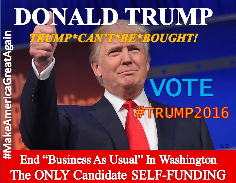 LindaSuhler's tweet photo. TRUMP's the ONLY candidate SELF-FUNDING--he works for US!
➡️ #Rubio/#Cruz are OWNED by special interests.
#Trump2016 https://t.co/kKGD1edCwn