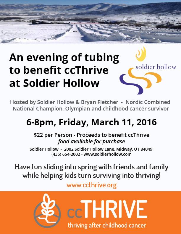 Friends in Utah, join <a href="/SkiFletch/">Bryan Fletcher</a> Fri. night, tubing for ccThrive! Thank you <a href="/soldier_hollow/">Soldier Hollow</a>! facebook.com/events/5287020…