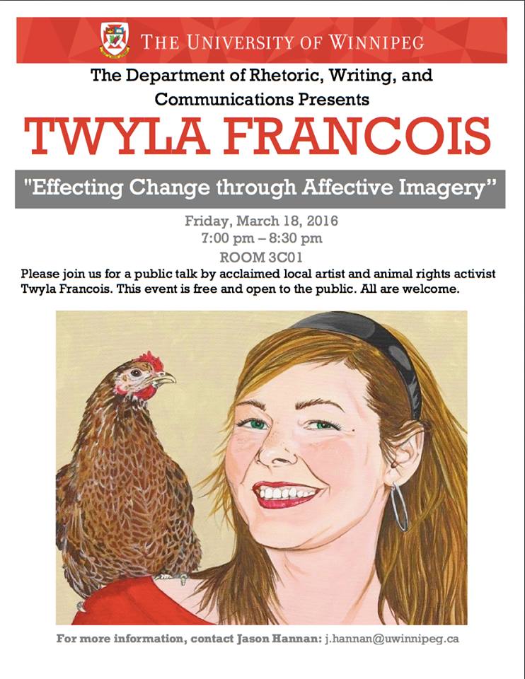 PrairieVegans's tweet photo. Event: March 18th at the University of #Winnipeg - Twyla Francois "Effecting Change through Affective Imagery" https://t.co/DJPrSs3Qpa