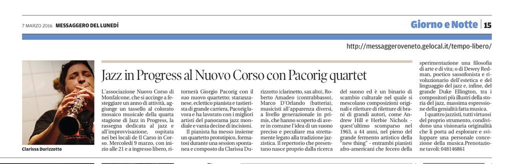 #JazzInProgress presenta #GiorgioPacorig4et merc.9.3 #Monfalcone <a href="/IlCarsoInCorso/">Il Carso in Corso</a> h 21 ingresso libero
#nujazz #jazz