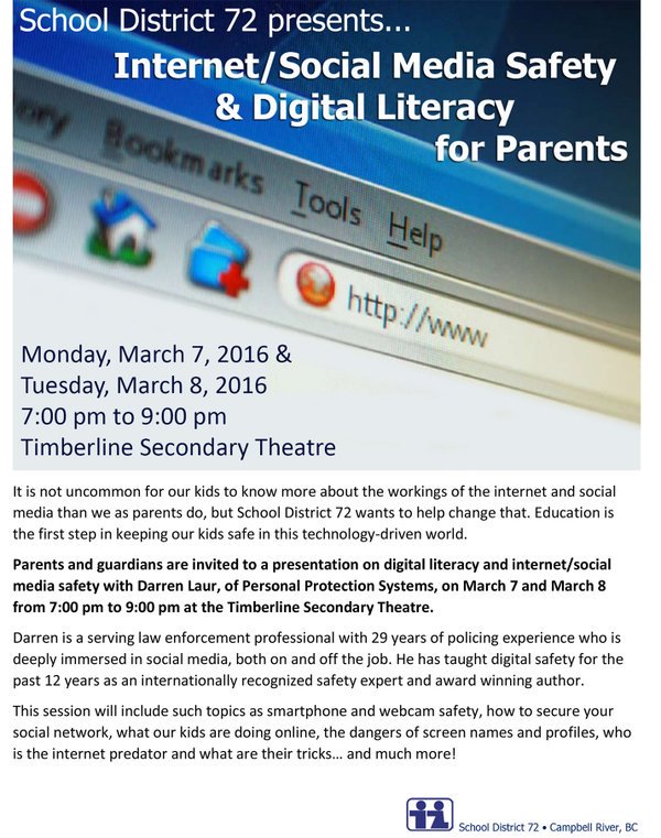 CRSD72's tweet photo. Reminder #CRSD72 offering internet/social media safety sessions for parents tonight. #campbellriver https://t.co/2t51xXfW3b