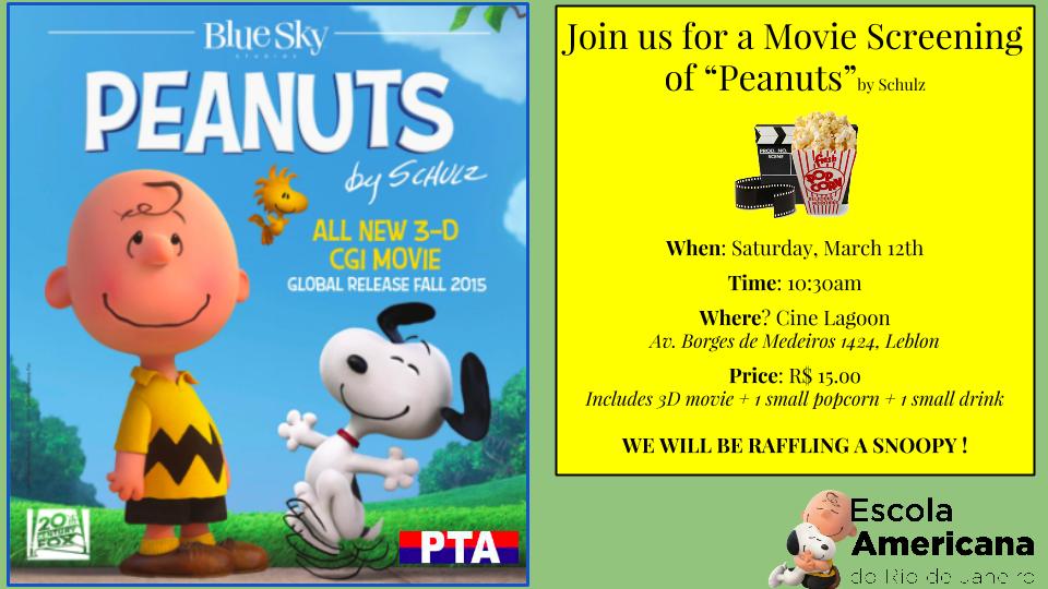 EARJOfficial's tweet photo. Join the EARJ Community and the PTA on a Peanuts Screening! March 12th, 10:30 am, Cine Lagoon, R$ 15,00 #EARJPTA https://t.co/CFVJgQUkue